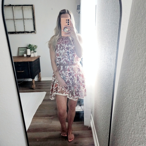 Free People Oh Baby Floral Mini Dress Swing Fully Lined White Cotton Smocked XS - Picture 7 of 16